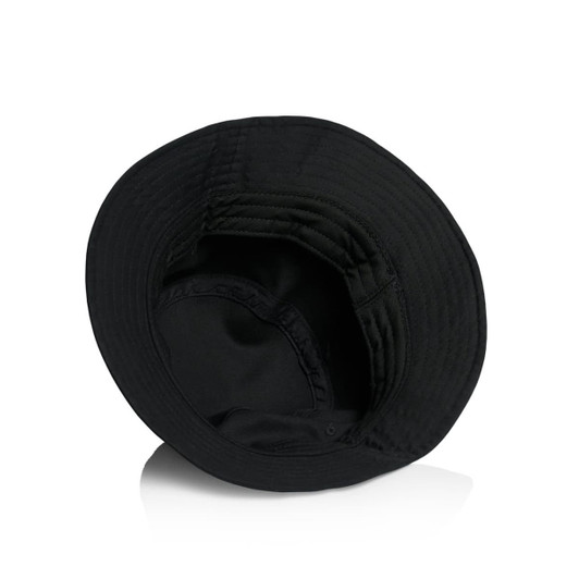A black bucket hat featuring a wide brim and a smooth inner lining. The hat has a logo.