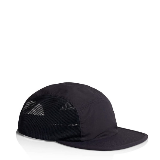 A black cap with a mesh back and a visor, featuring a logo on the front.