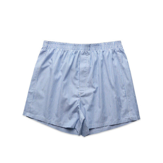 A pair of blue and white striped boxer shorts with an elastic waistband.