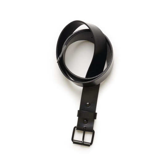 A black leather belt with a metal buckle, featuring a sleek, smooth design.