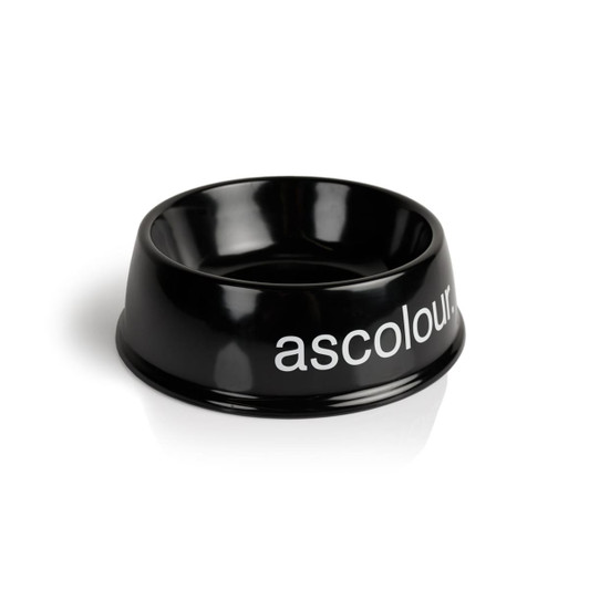 A black pet bowl featuring a simple design and a logo. Stylish and functional for pet feeding.