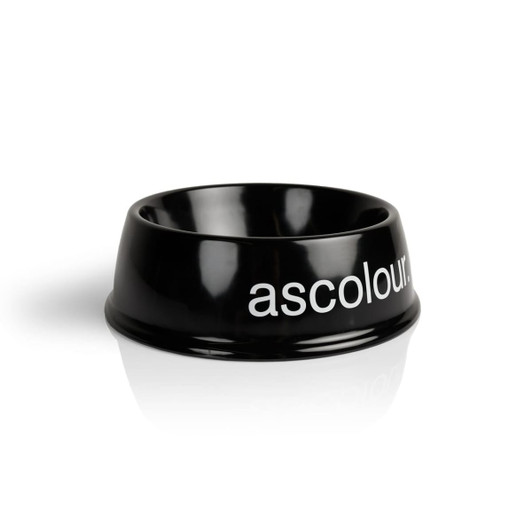 A black pet bowl with a glossy finish and a logo on the side. Ideal for pet feeding.