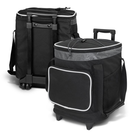 A black Glacier Cooler Trolley with wheels and a retractable handle, featuring side pockets and a front mesh pocket.