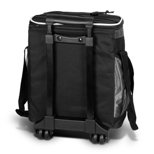 A black cooler trolley with wheels, featuring a zipped top and detachable straps on the sides.