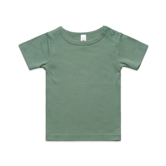 A green organic cotton infant t-shirt featuring a crew neck and snap buttons on the shoulder.