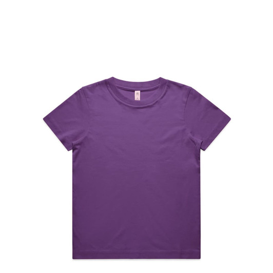 A purple youth staple tee with a classic crew neckline and short sleeves. It features a label and no additional designs.