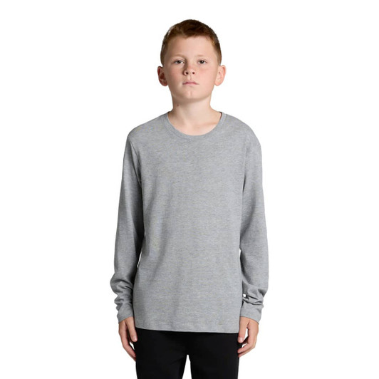 A grey long-sleeve T-shirt for youth, featuring a crew neck and a logo on the side.