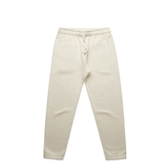 Cream-coloured track pants with an elastic waistband and side pockets, featuring a logo.