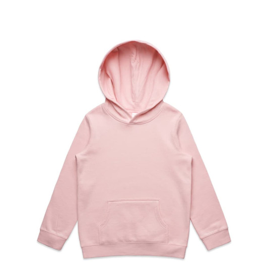 A pink hoodie with a large pocket and a spacious hood. It features a branding logo on the garment.