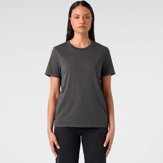 A grey t-shirt with a classic crew neckline and short sleeves, displayed on a model against a plain background.