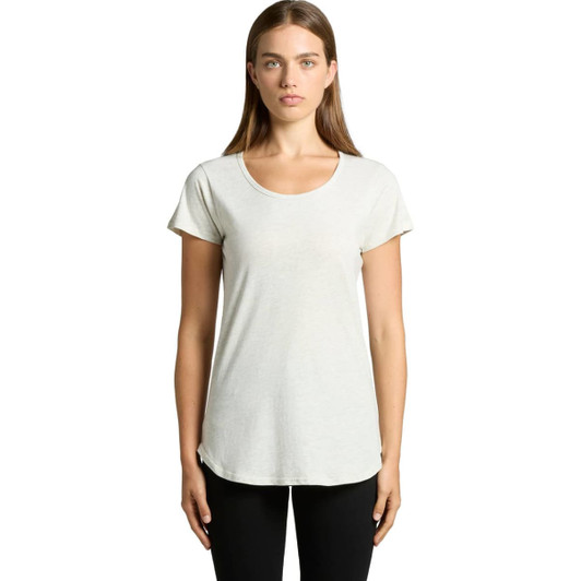 A light grey T-shirt with a scoop neckline and short sleeves, featuring a logo. The model stands facing the camera.