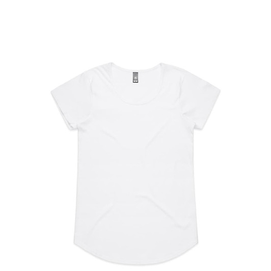 A white T-shirt with a rounded neckline and short sleeves, featuring a simple design and a tag.