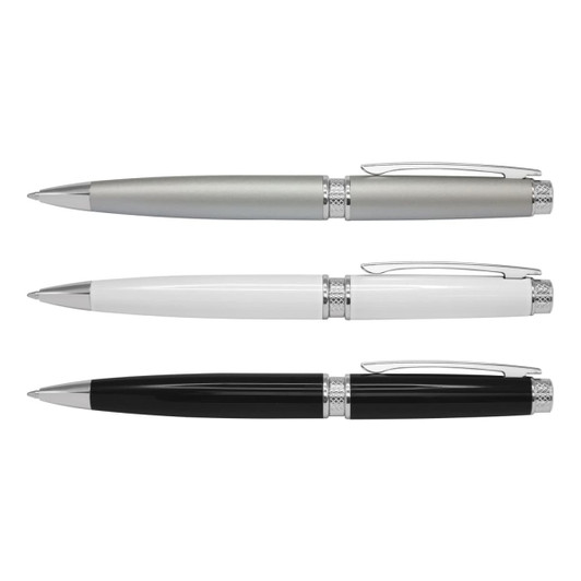 A collection of three metal pens in silver, white, and black finishes, showcasing a sleek design with chrome accents.