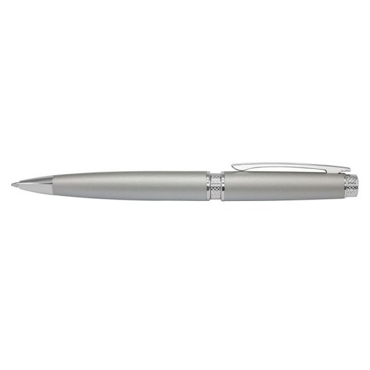 A metal pen featuring a sleek silver finish with a textured grip and a clip for convenience.