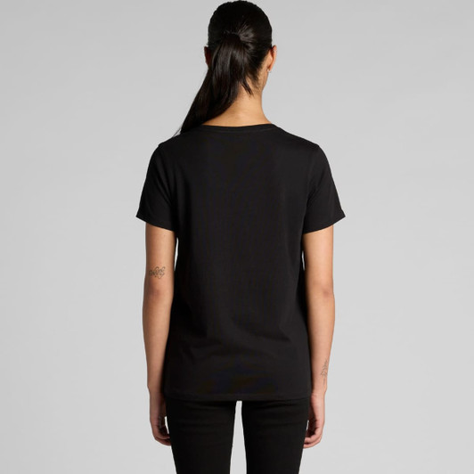 A black t-shirt is displayed from the back, featuring a simple design and a logo on the back.