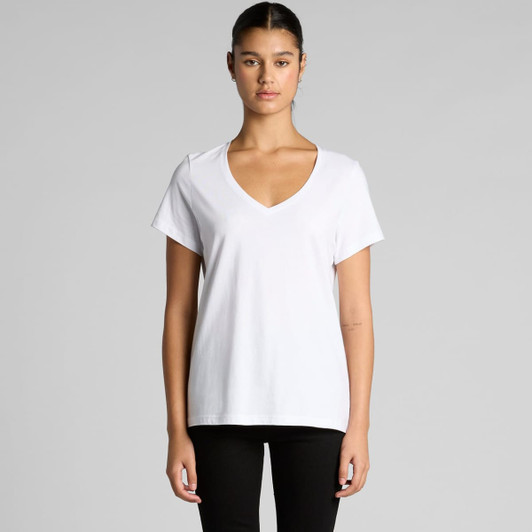 A white v-neck t-shirt featuring short sleeves and a relaxed fit. The shirt has a branding logo.