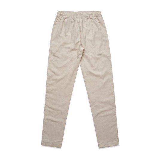 Beige, lightweight pants with an elastic waistband and a simple design, featuring a small logo.