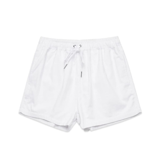 A pair of white dress shorts featuring an elastic waistband with a drawstring and a logo.