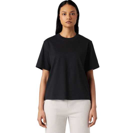 A black box tee with a relaxed fit and short sleeves, featuring a simple design and a logo.