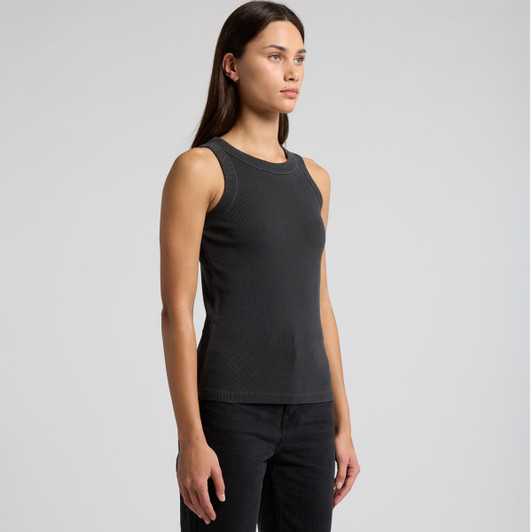 A fitted black rib tank top with a sleeveless design, featuring a logo on the side.