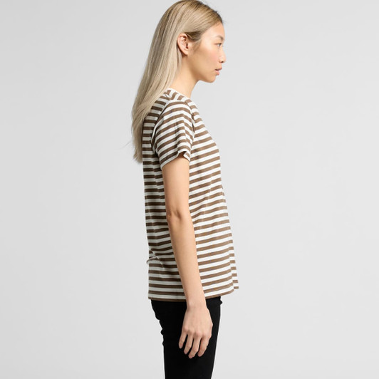 A side view of a women's t-shirt featuring brown and cream stripes. The shirt has short sleeves and a relaxed fit.