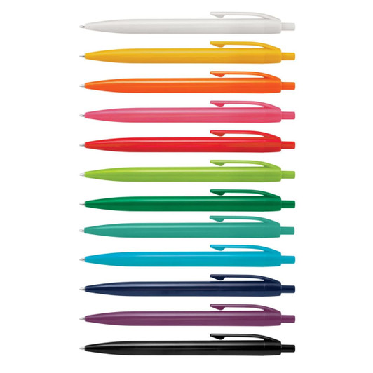 A collection of plastic pens in various colours: white, orange, yellow, pink, green, blue, purple, and black, with a logo.
