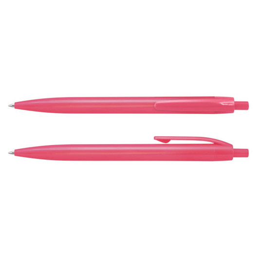 Two pink plastic pens positioned side by side, one capped and one uncapped, featuring a logo.