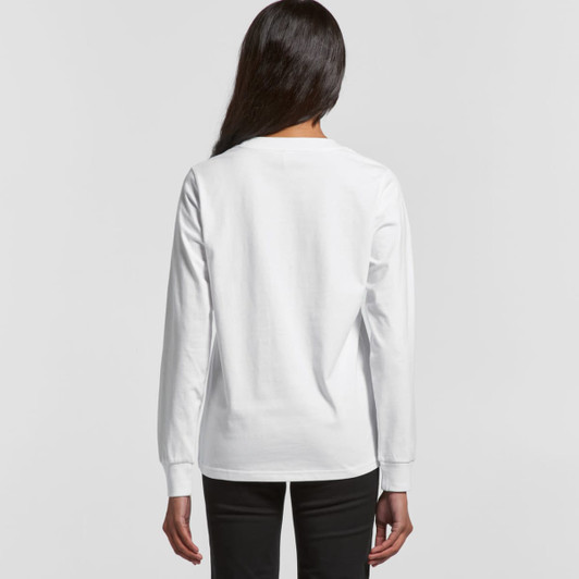 A long-sleeved white t-shirt shown from the back, featuring a simple design and a logo.