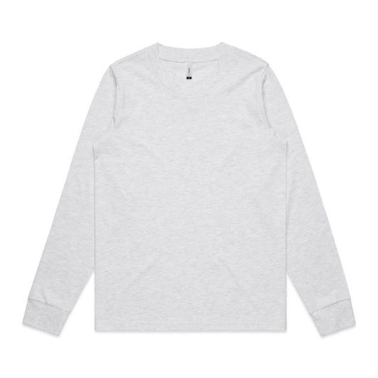 A light grey long-sleeve t-shirt featuring a simple design and a brand logo on the inside tag.
