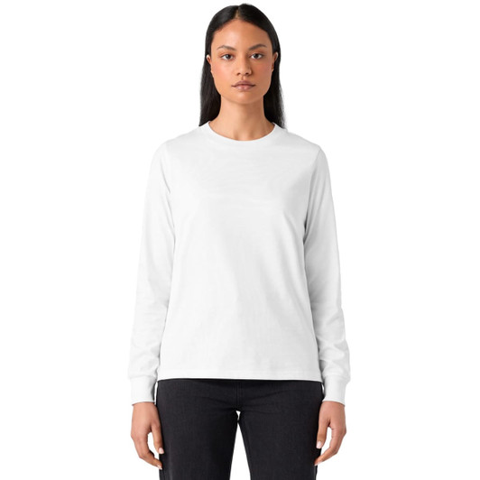 A long-sleeved white T-shirt with a crew neckline, featured on a model. The shirt includes a logo.