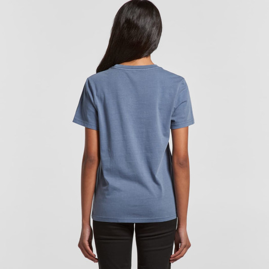 A blue faded t-shirt with a classic crew neck and short sleeves, featuring a logo on the back.