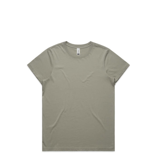 A faded olive green t-shirt with a crew neckline and short sleeves, featuring a subtle logo.