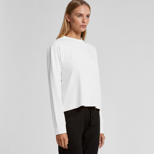 A long-sleeve white T-shirt with a crew neckline, featuring a relaxed fit and visible branding.
