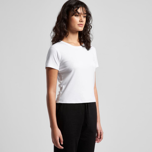A plain white organic rib baby tee featuring a fitted design, styled with cropped sleeves and a crew neckline.