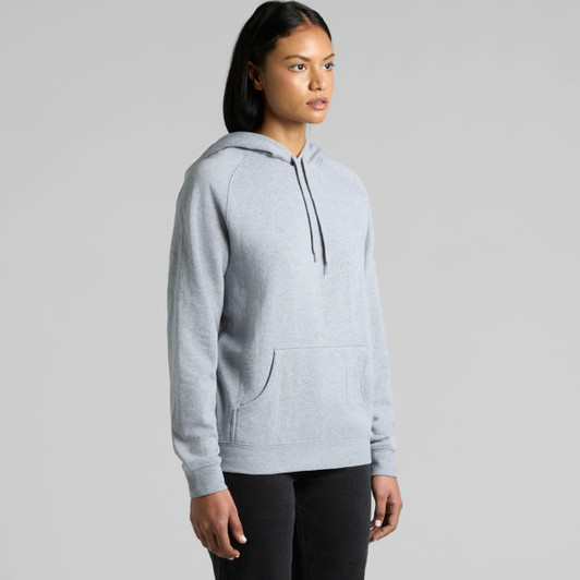 A grey hoodie with a front pocket and an adjustable drawstring hood, featuring a logo.