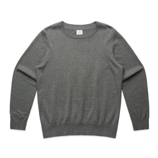 A knitted jumper in a muted grey colour with a crew neckline and long sleeves. It features a branding label.