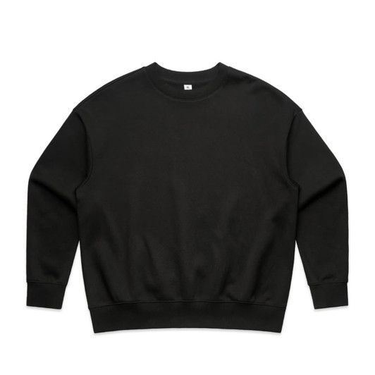 A black sweater with long sleeves and a crew neckline. It features a plain design and has a logo on the front.