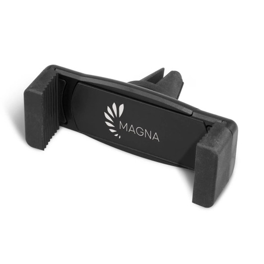 A black car phone holder with a logo, featuring adjustable grips for securing mobile devices.