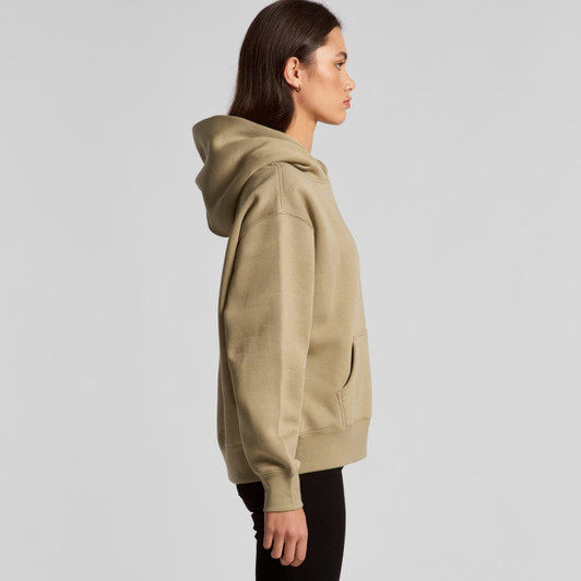 A khaki hoodie with a front pocket and a large hood, featuring a logo on the front.