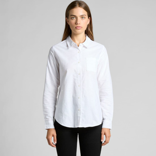 A white button-up shirt with a pocket, featuring long sleeves and a slight sheen. It has a branding logo.