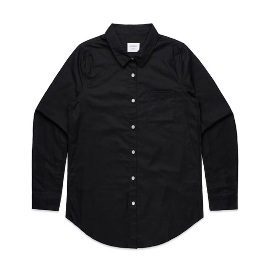 A black button-up shirt with a collar and a single chest pocket. It features a logo on the label.