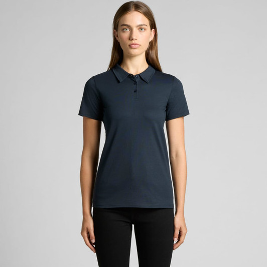 A dark navy polo shirt for women with a collar, featuring a branding logo.