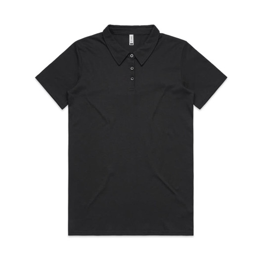 A black polo shirt featuring a classic collar and a logo. It has short sleeves and a button-up front.