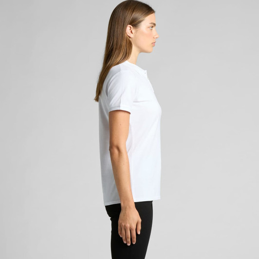 A side view of a white polo shirt featuring a collared neckline and a branding logo.