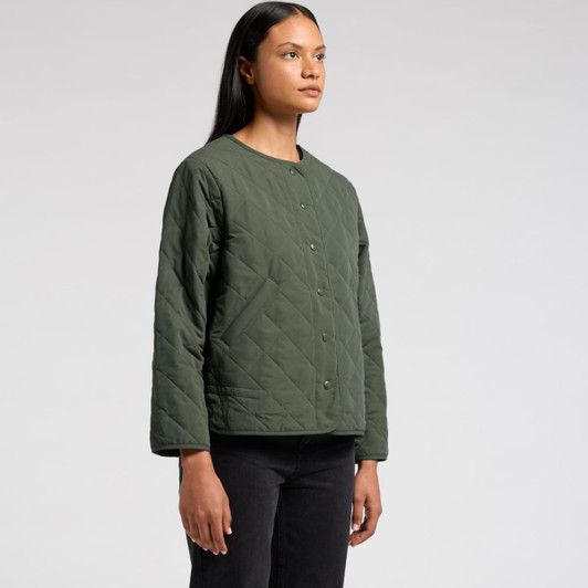 A quilted jacket in green, featuring a round neckline, button front, and long sleeves, displayed on a model.