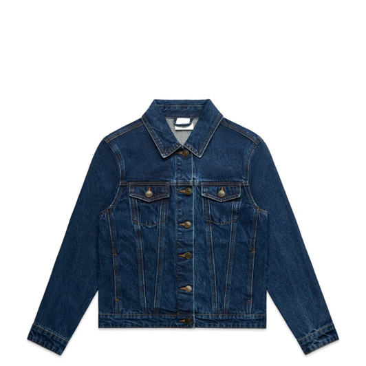 A denim jacket in dark blue with a classic front design, featuring pockets and a logo.