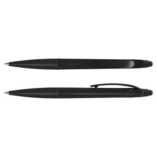 A black stylus pen with a smooth design and a clip for easy attachment, featuring a logo.