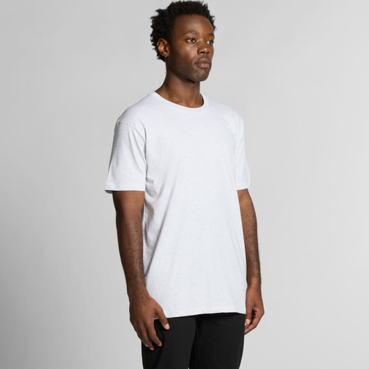 A white marle t-shirt displayed on a model, featuring short sleeves and a standard fit. The shirt includes a logo.