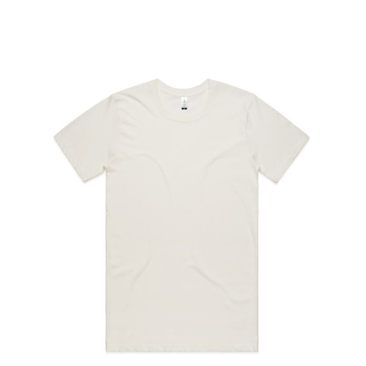 A plain organic T-shirt in a light cream colour, featuring a simple design and a logo on the label.