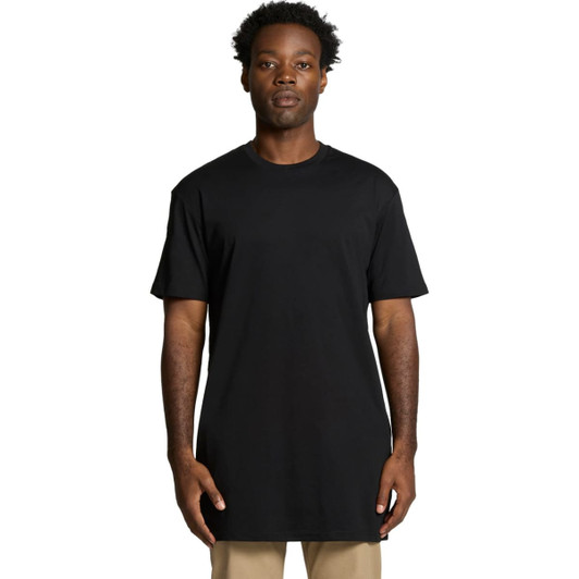 A black tall T-shirt with a relaxed fit, featuring short sleeves and a round neckline. It has a logo present.